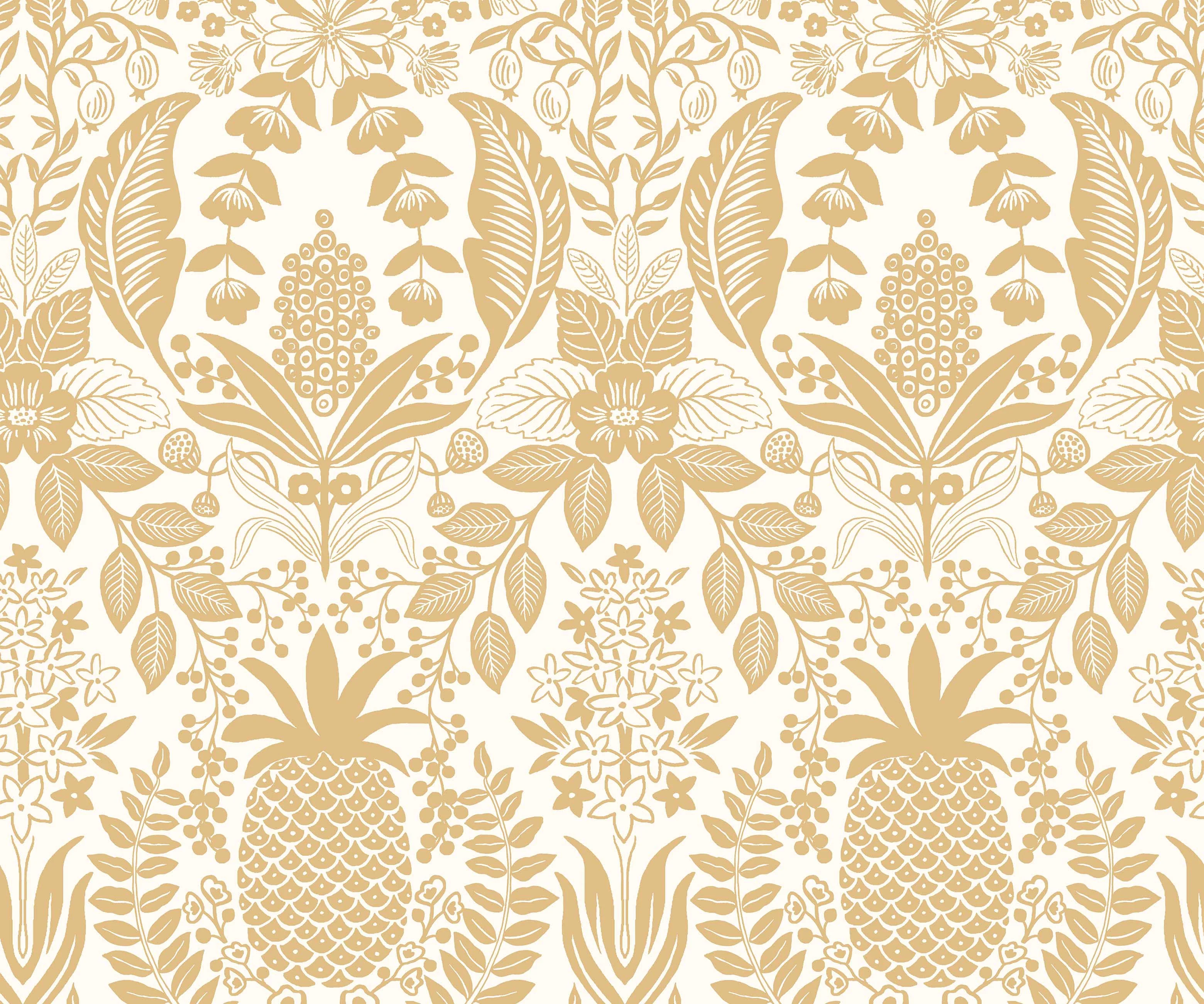 Pineapple Damask Wallpaper - White & Metallic Gold