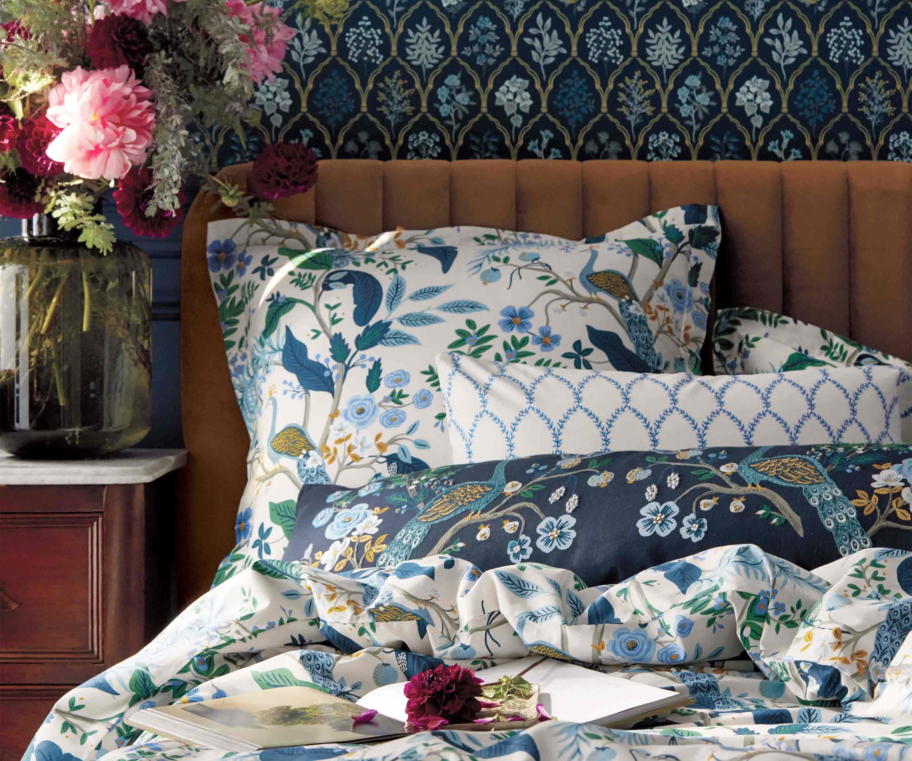 Embroidered Lumbar Pillow Cover - Peacock