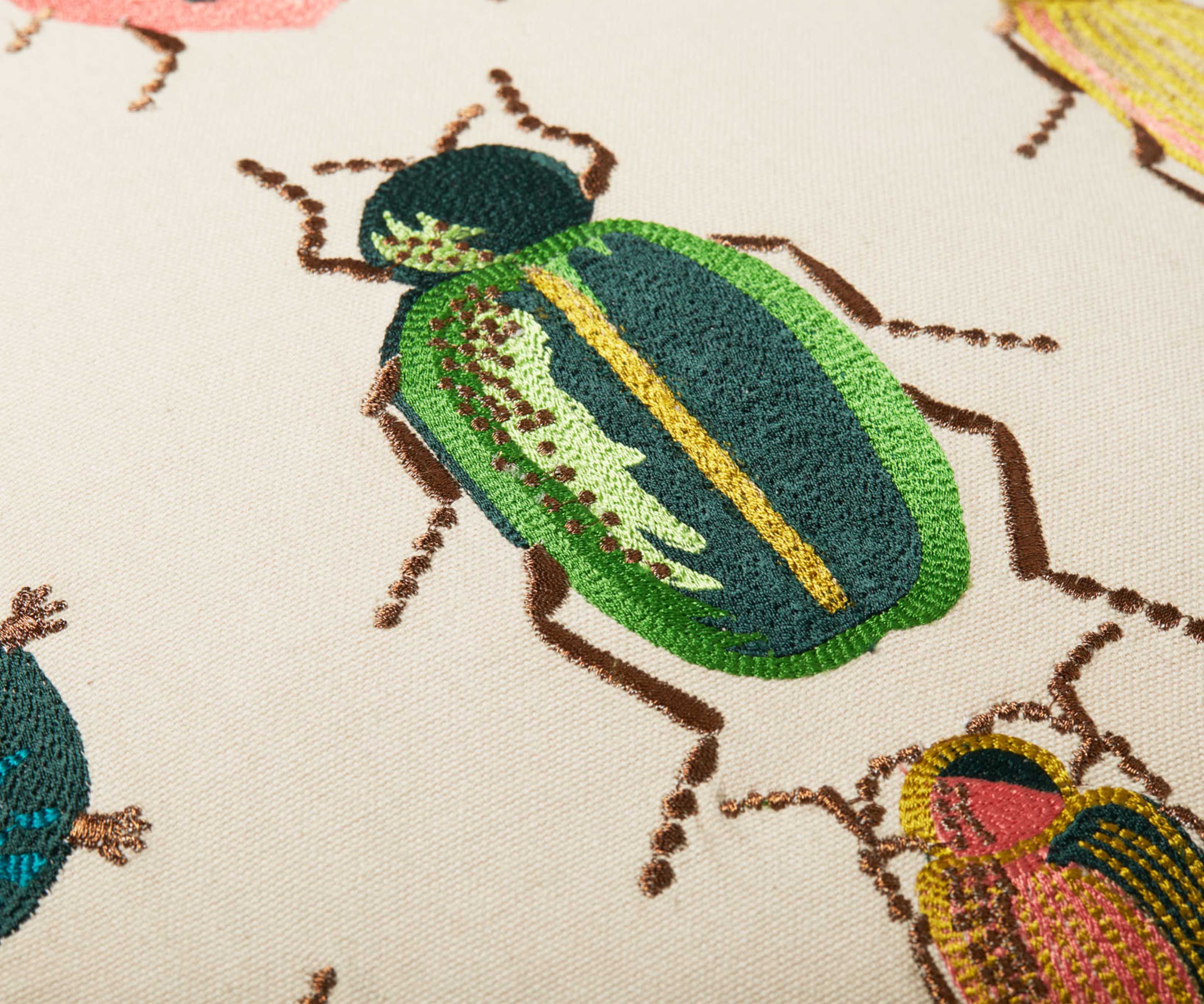 Beetles and Bugs Embroidered Pillow - Natural