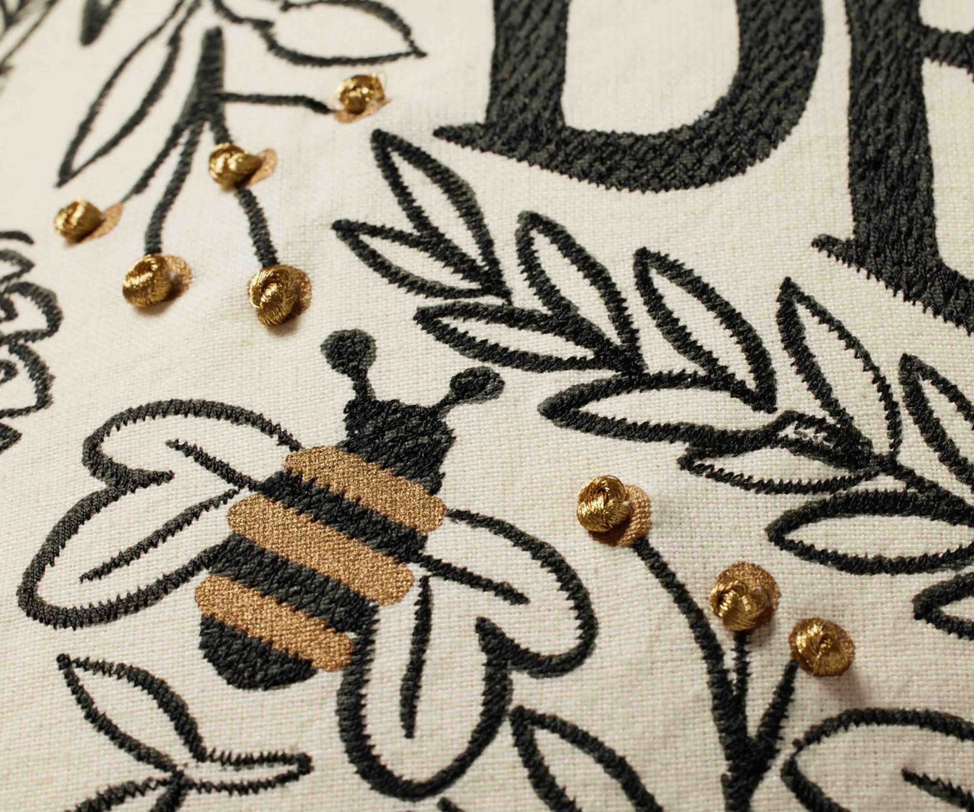 Bee’s Knees Embroidered Pillow - Black & Gold