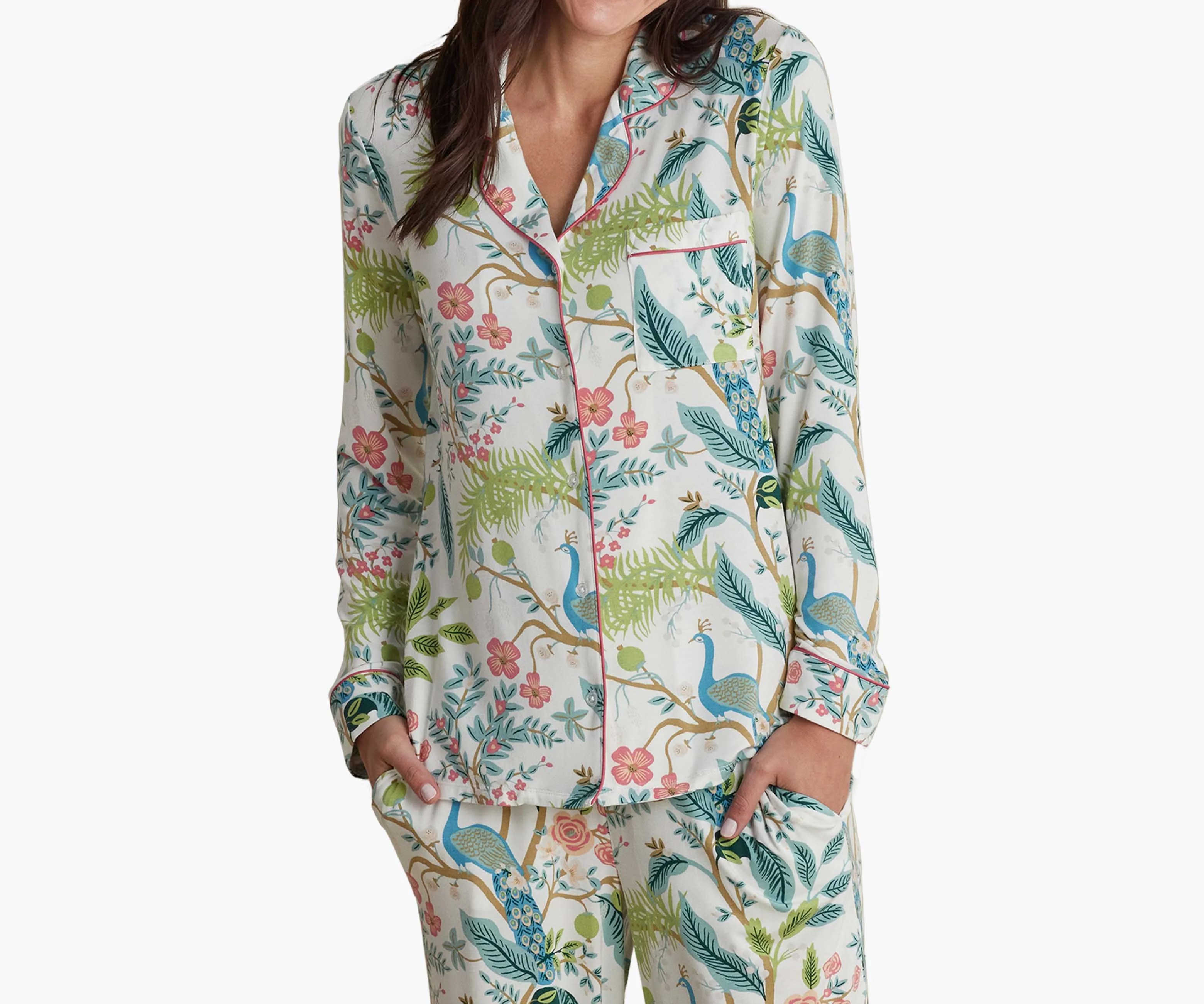 Tencel Modal Button Front Long Set - Peacock Ivory