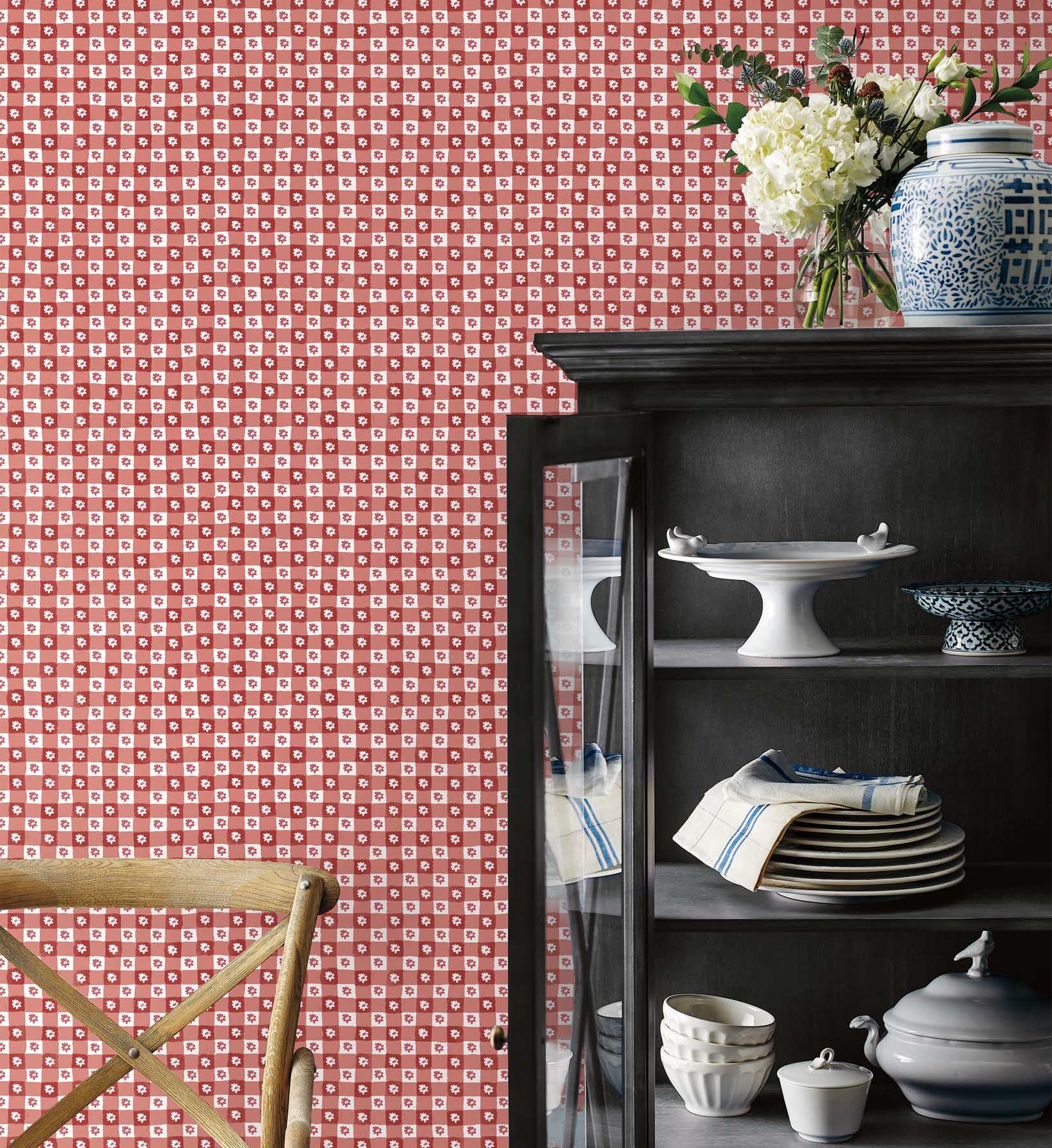 Daisy Gingham Peel & Stick Wallpaper Sample - Red