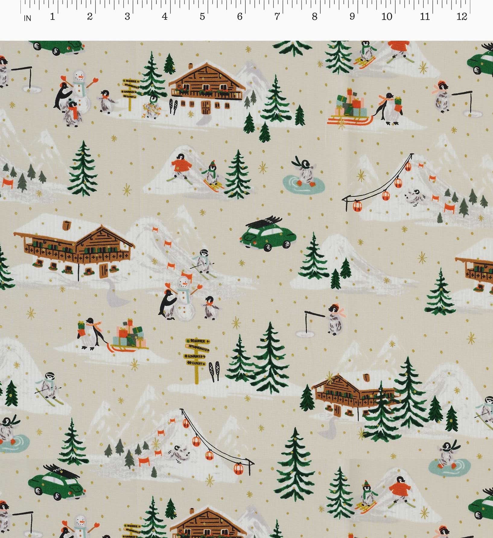 Penguin Village Cotton Metallic Fabric -  Cream and Gold