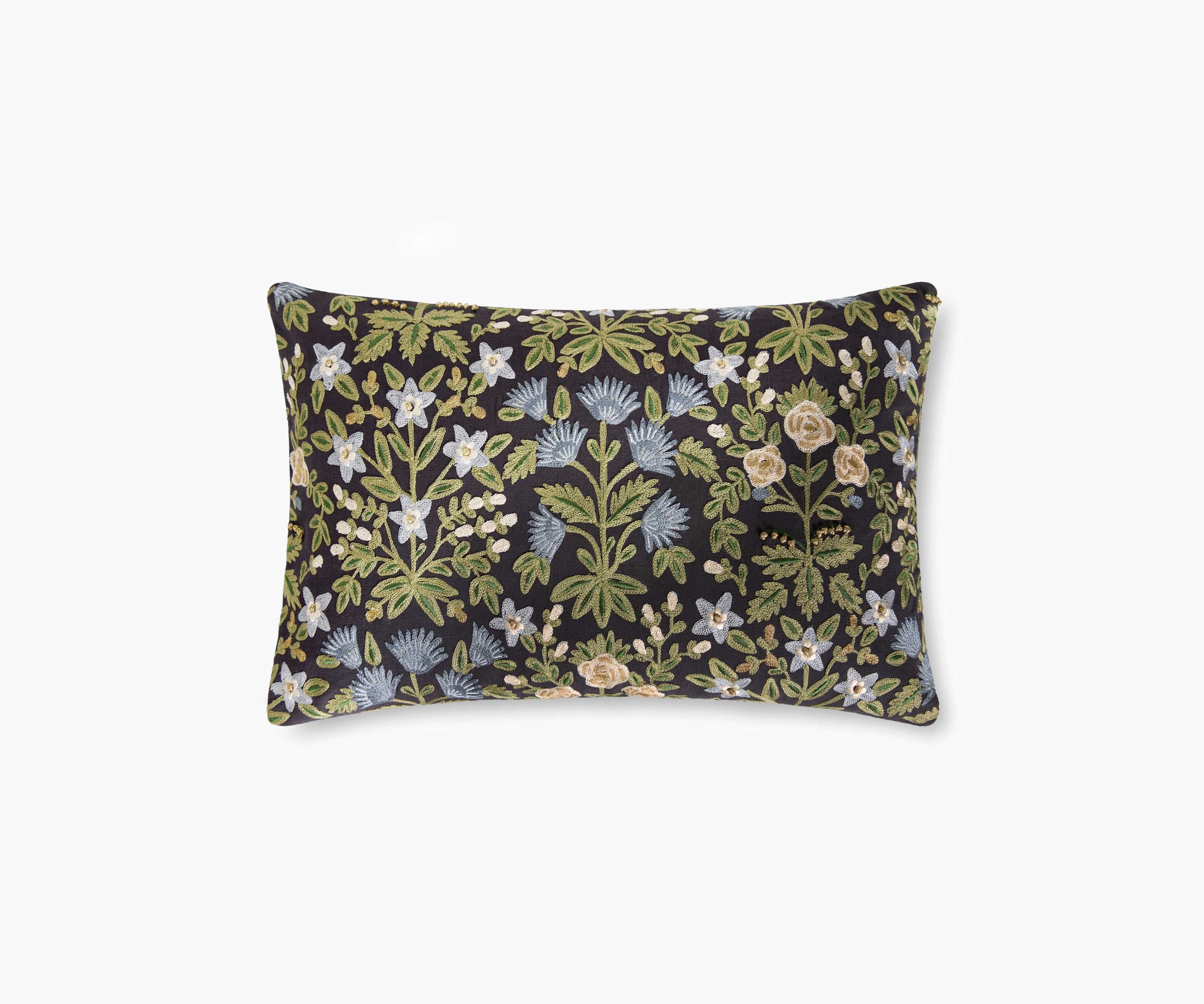 Mughal Rose Embroidered Lumbar Pillow - Black