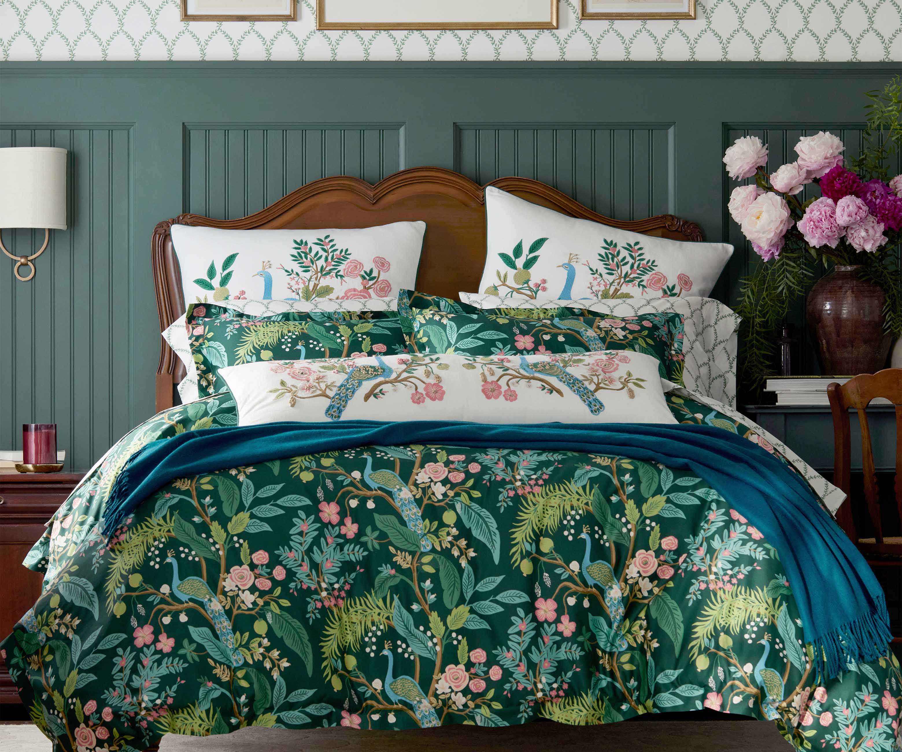 Embroidered Pillow Cover - Peacock White