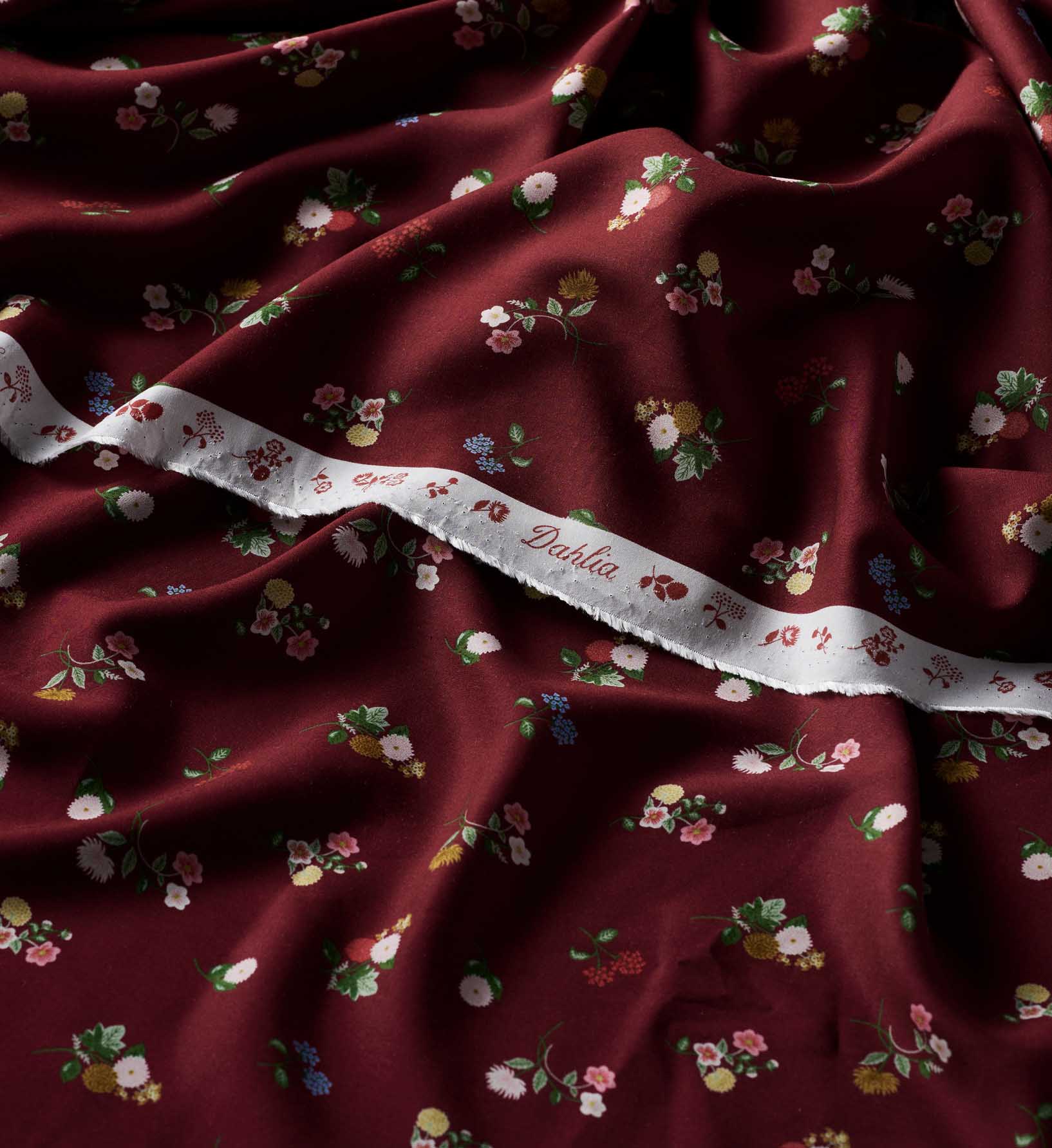 Ditsy Dahlia Rayon Fabric - Burgundy